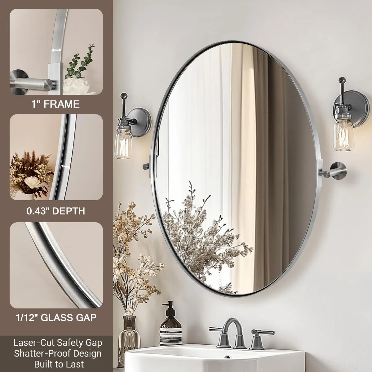 ANDY STAR Brushed Nickel Bathroom Mirror, 20 x 30 Inch Oval Pivot Mirror for Wall, Unique Farmhouse Tilt Mirror in Slim Silver Stainless Steel Metal Frame for Bedroom, Powder Room
