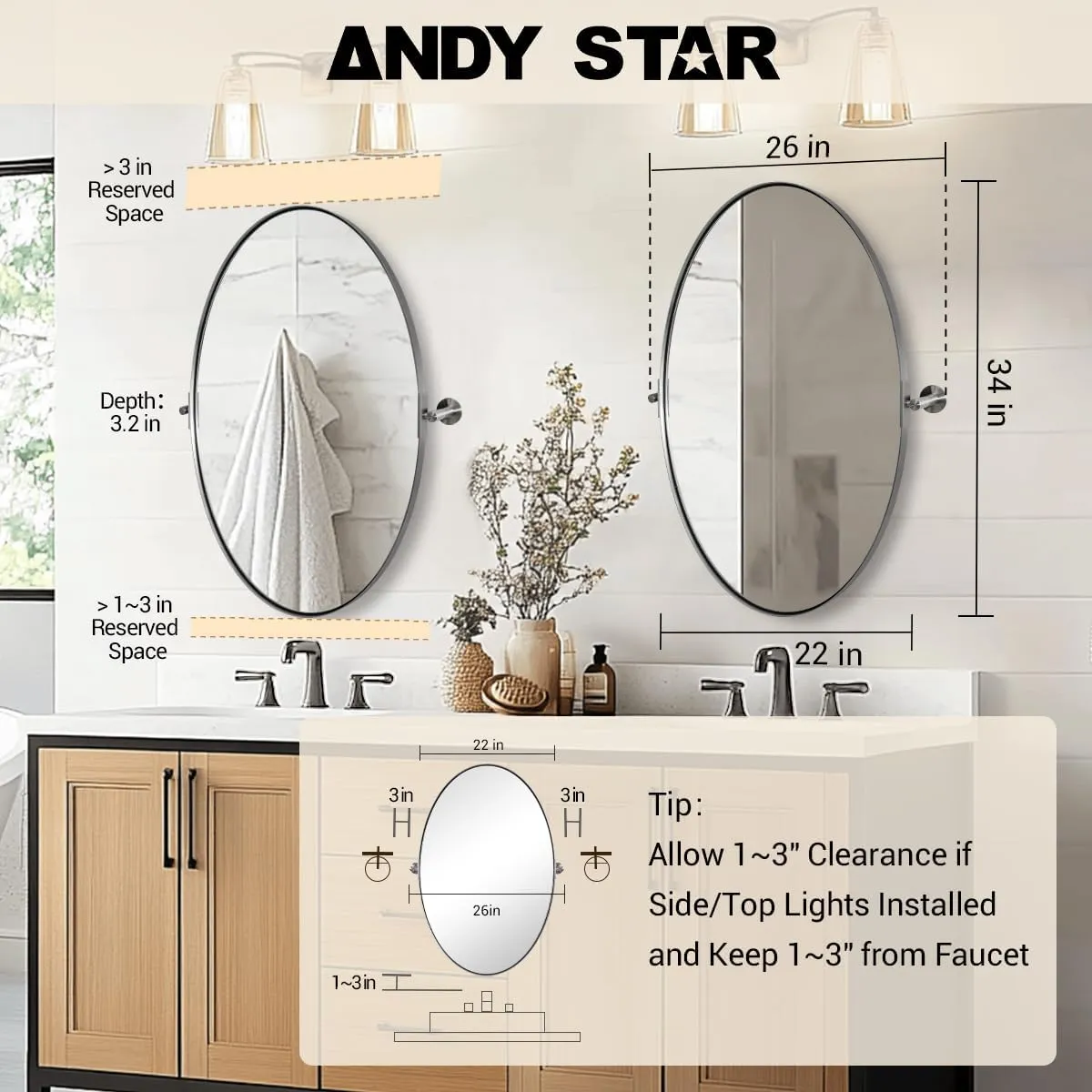 ANDY STAR Brushed Nickel Bathroom Mirror, 22 x 34 Inch Oval Pivot Mirror for Wall, Unique Farmhouse Tilt Mirror in Slim Silver Stainless Steel Metal Frame for Bedroom, Powder Room