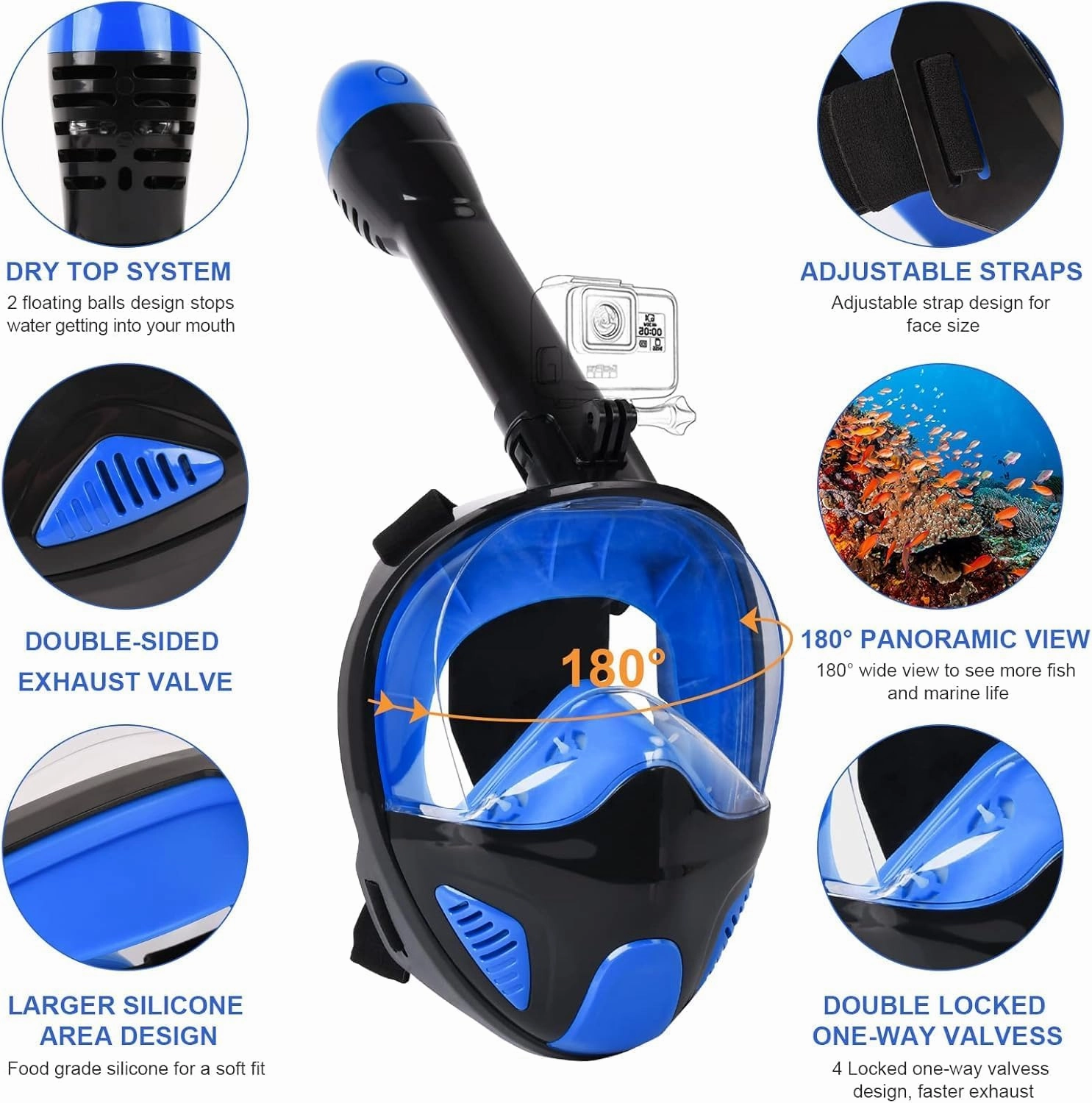 ANSUN Snorkel Mask Full Face, Snorkeling Gear for Adults with Safety Breathing System and Dry Top System, 180° Panoramic View Snorkeling Mask with Silicone Anti-Fog Anti-Leak