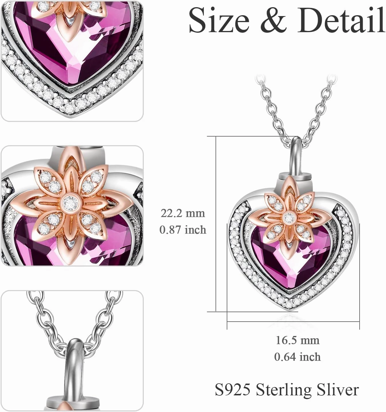 AOBOCO Cremation Jewelry 925 Sterling Silver Heart Flower Butterfly Urn Necklace for Ashes, Cremation Keepsake Necklace Embellished with Austrian Crystal, Women Memorial Jewelry