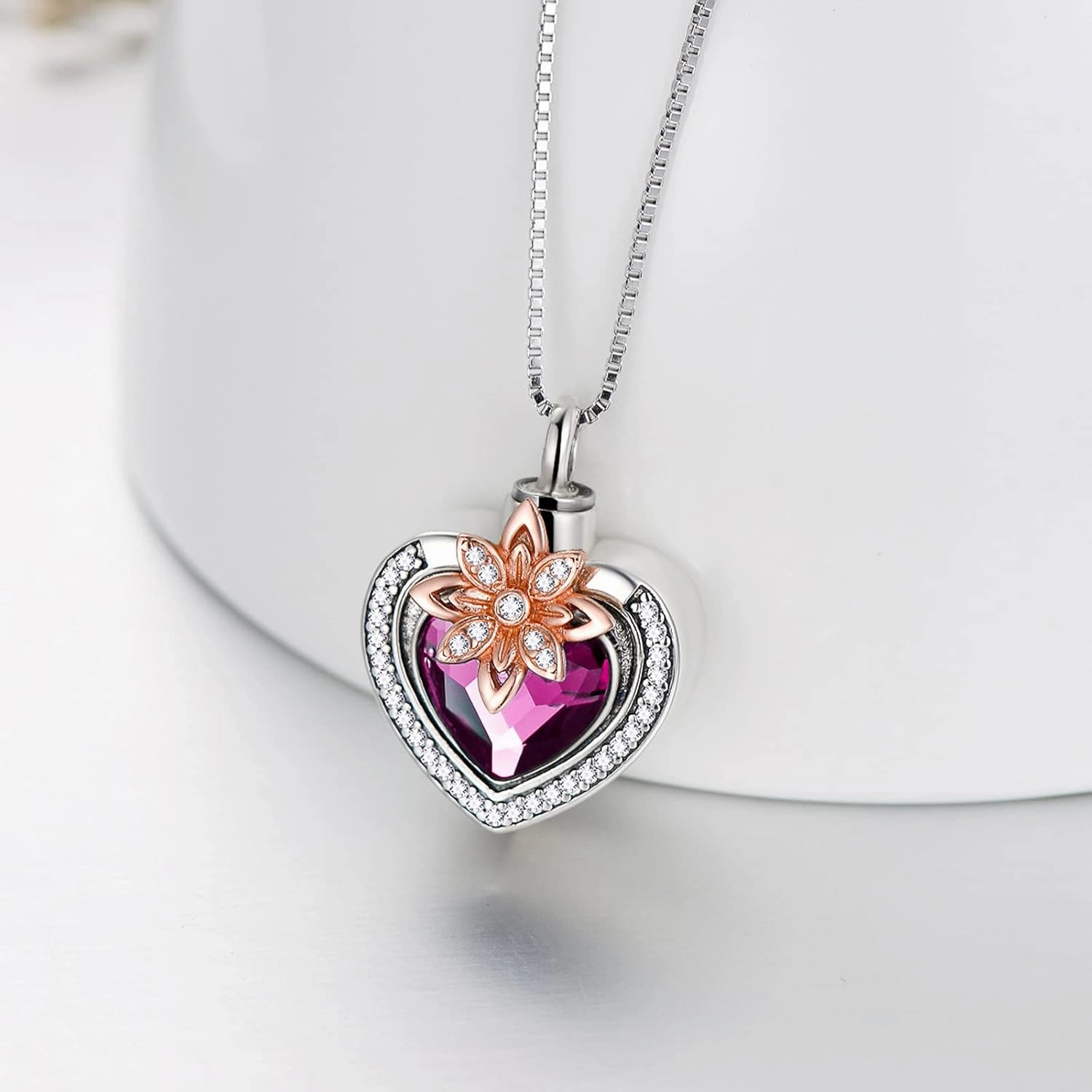 AOBOCO Cremation Jewelry 925 Sterling Silver Heart Flower Butterfly Urn Necklace for Ashes, Cremation Keepsake Necklace Embellished with Austrian Crystal, Women Memorial Jewelry