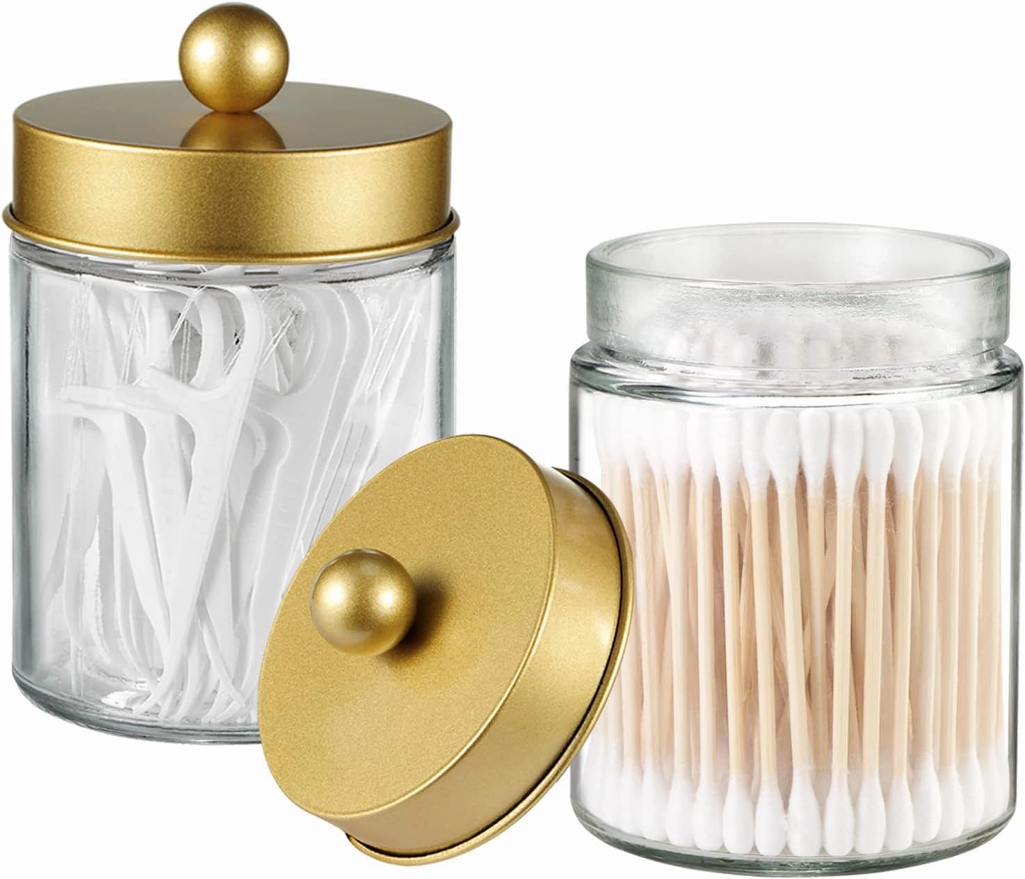Apothecary Jar Canisters Bathroom Vanity Organizer - Qtip Holder Storage Organizer Countertop -Stainless Steel Lids &Cute Stickers for Qtips,Cotton Swabs,Makeup Sponges,Floss(3 Pack ) (Gold)