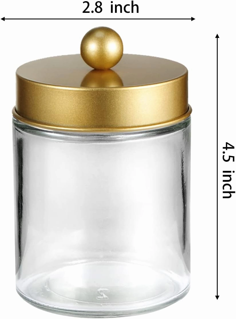Apothecary Jar Canisters Bathroom Vanity Organizer - Qtip Holder Storage Organizer Countertop -Stainless Steel Lids &Cute Stickers for Qtips,Cotton Swabs,Makeup Sponges,Floss(3 Pack ) (Gold)