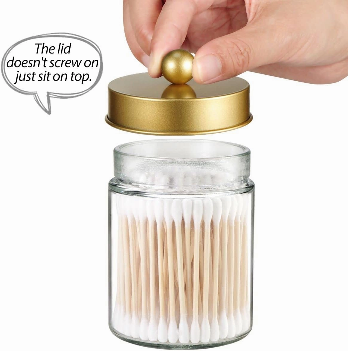Apothecary Jar Canisters Bathroom Vanity Organizer - Qtip Holder Storage Organizer Countertop -Stainless Steel Lids &Cute Stickers for Qtips,Cotton Swabs,Makeup Sponges,Floss(3 Pack ) (Gold)