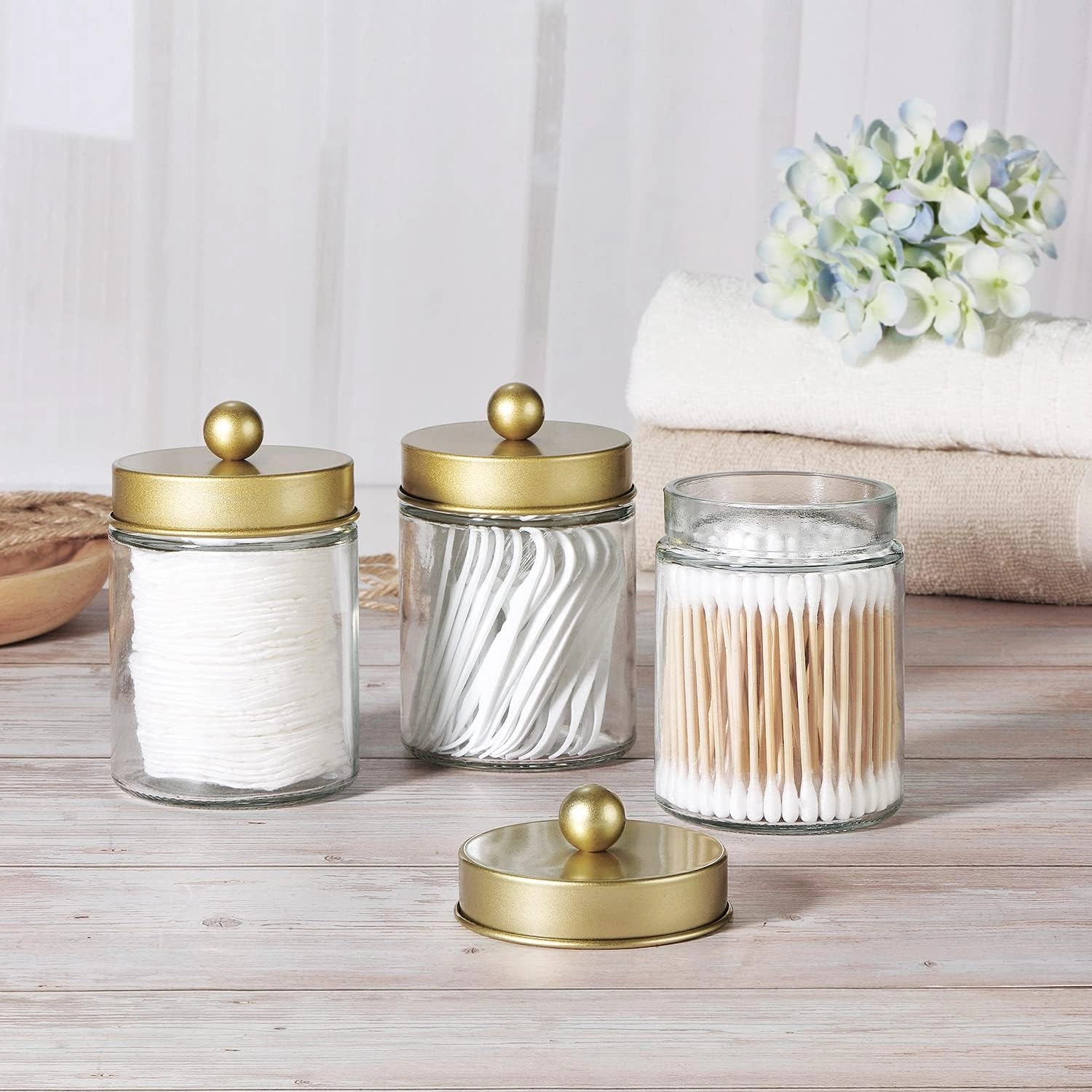 Apothecary Jar Canisters Bathroom Vanity Organizer - Qtip Holder Storage Organizer Countertop -Stainless Steel Lids &Cute Stickers for Qtips,Cotton Swabs,Makeup Sponges,Floss(3 Pack ) (Gold)
