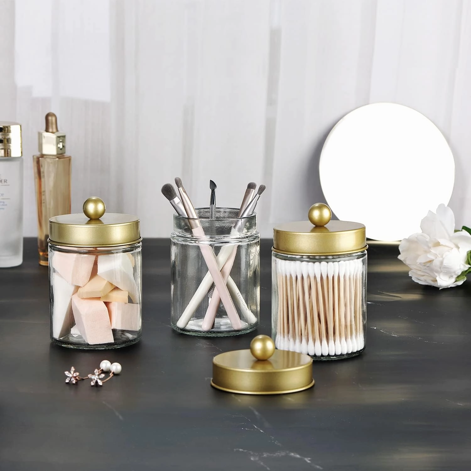 Apothecary Jar Canisters Bathroom Vanity Organizer - Qtip Holder Storage Organizer Countertop -Stainless Steel Lids &Cute Stickers for Qtips,Cotton Swabs,Makeup Sponges,Floss(3 Pack ) (Gold)
