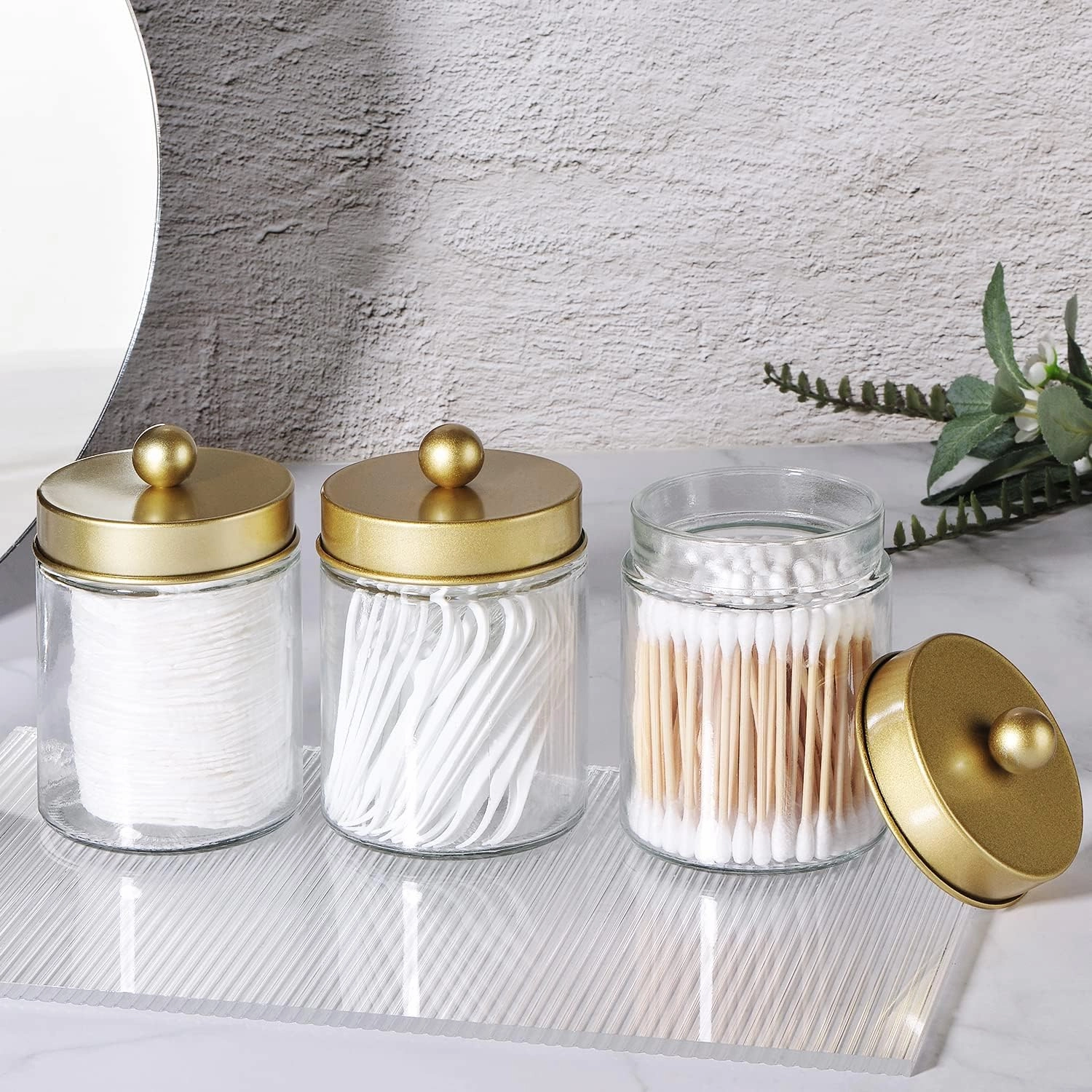 Apothecary Jar Canisters Bathroom Vanity Organizer - Qtip Holder Storage Organizer Countertop -Stainless Steel Lids &Cute Stickers for Qtips,Cotton Swabs,Makeup Sponges,Floss(3 Pack ) (Gold)