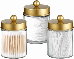 Apothecary Jar Canisters Bathroom Vanity Organizer - Qtip Holder Storage Organizer Countertop -Stainless Steel Lids &Cute Stickers for Qtips,Cotton Swabs,Makeup Sponges,Floss(3 Pack ) (Gold)