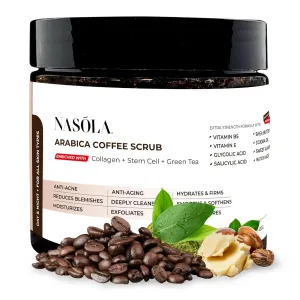 Arabica Coffee Body Scrub with Collagen, Green Tea & Stem Cell – Exfoliating Body Scrubber & Face Cleanser – Coffee Scrub for Wrinkles, Stretch Marks, and for Smoother Skin, 15.16 Oz