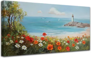 Ardemy Flowers Wall Art Canvas Blue Ocean Lighthouse Painting Seascape Landscape Coastal Picture Textured Floral Artwork Large Framed for Living Room Bedroom Bathroom Home Office Wall Decor, 40"x20"