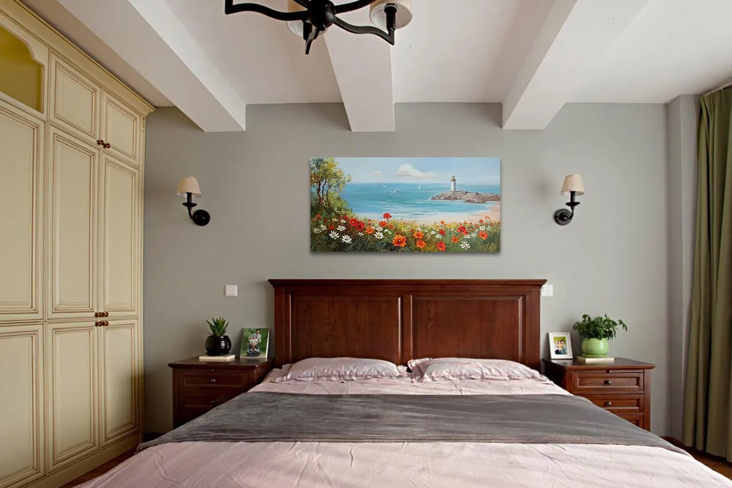 Ardemy Flowers Wall Art Canvas Blue Ocean Lighthouse Painting Seascape Landscape Coastal Picture Textured Floral Artwork Large Framed for Living Room Bedroom Bathroom Home Office Wall Decor, 40"x20"