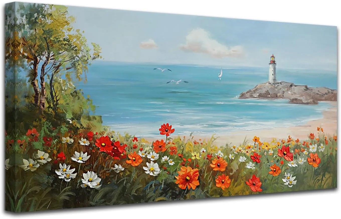 Ardemy Flowers Wall Art Canvas Blue Ocean Lighthouse Painting Seascape Landscape Coastal Picture Textured Floral Artwork Large Framed for Living Room Bedroom Bathroom Home Office Wall Decor, 40"x20"