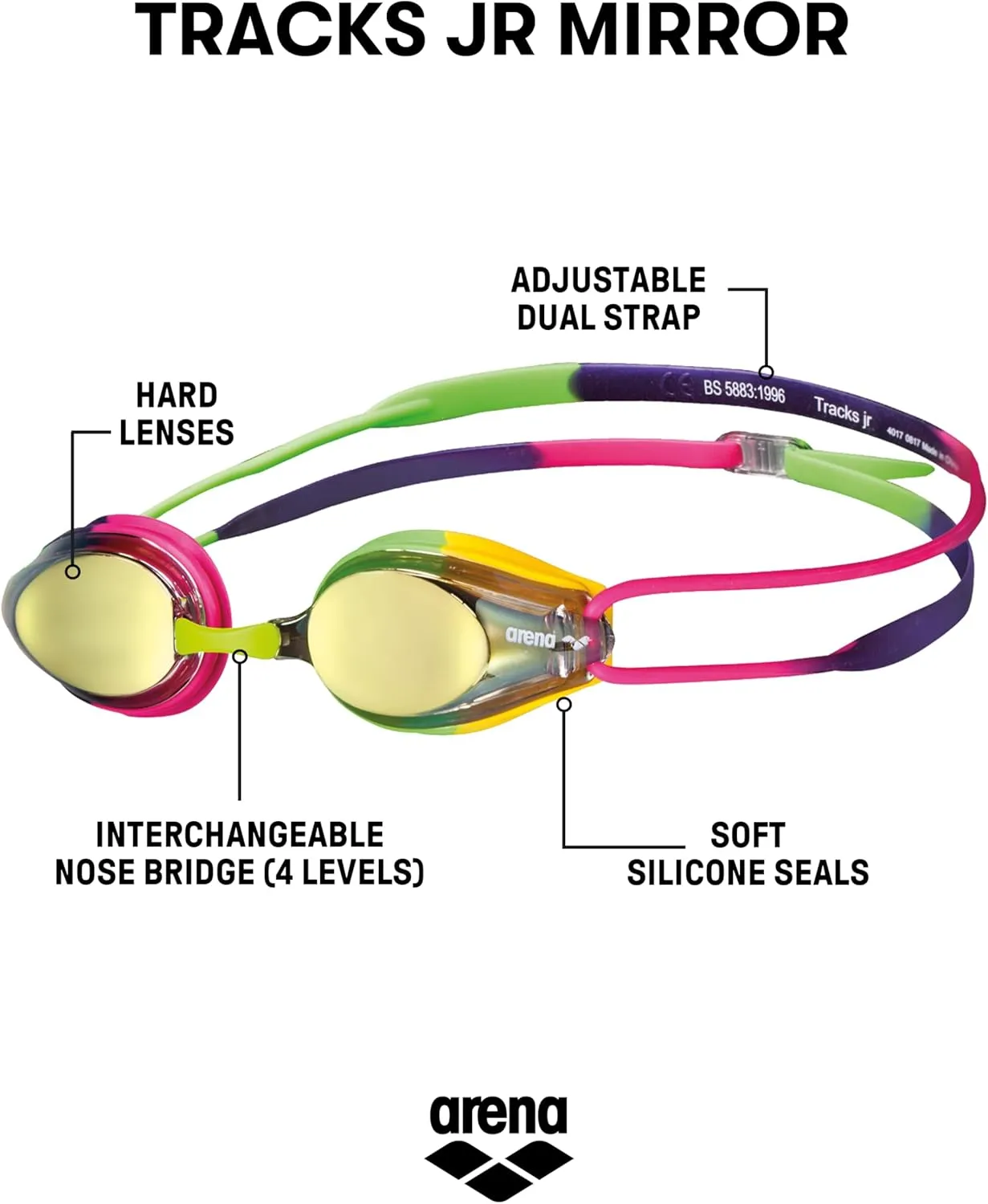 ARENA Tracks Unisex Junior Youth Essential Racing Swim Goggles Kids Swimmers Young Racers 6-12 Anti-Fog Coated Mirror Lens, Violet/Fuchsia/Green
