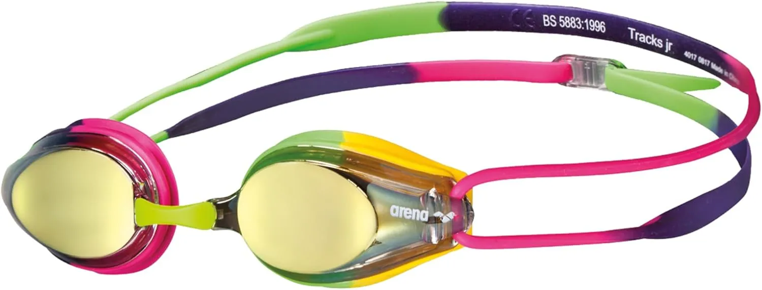 ARENA Tracks Unisex Junior Youth Essential Racing Swim Goggles Kids Swimmers Young Racers 6-12 Anti-Fog Coated Mirror Lens, Violet/Fuchsia/Green
