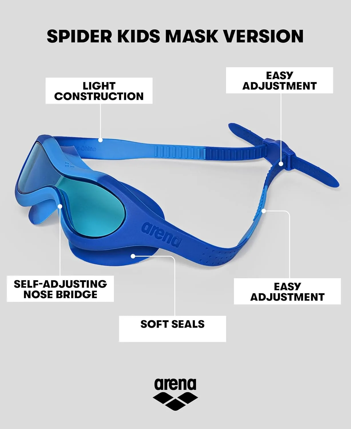 ARENA Unisex Kids Spider Swim Mask Boys and Girls Ages 2 to 5, Anti-Fog Non-Mirror Lens, Easy to Use Strap Wide View Snug Fit
