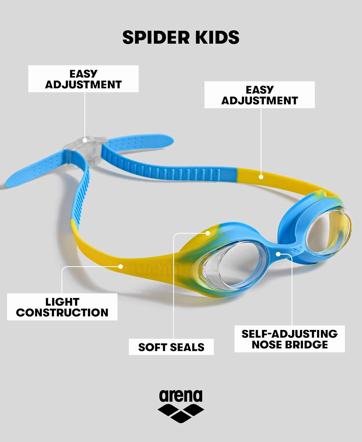 ARENA Unisex Spider Kids Swim Goggles Boys and Girls Ages 2 to 5, Anti-Fog Non-Mirror Lens, Easy to Use Strap No Leak Goggle