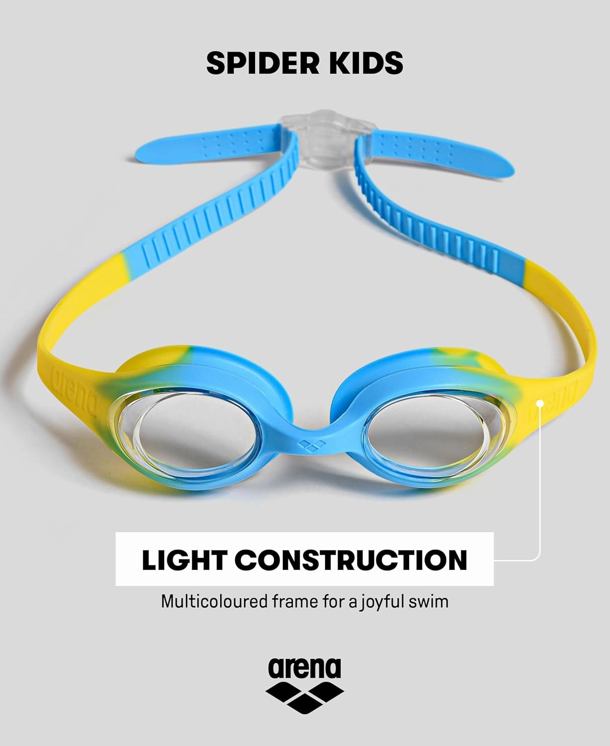ARENA Unisex Spider Kids Swim Goggles Boys and Girls Ages 2 to 5, Anti-Fog Non-Mirror Lens, Easy to Use Strap No Leak Goggle