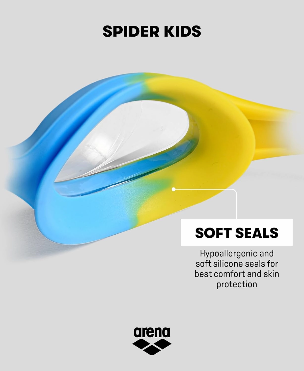 ARENA Unisex Spider Kids Swim Goggles Boys and Girls Ages 2 to 5, Anti-Fog Non-Mirror Lens, Easy to Use Strap No Leak Goggle