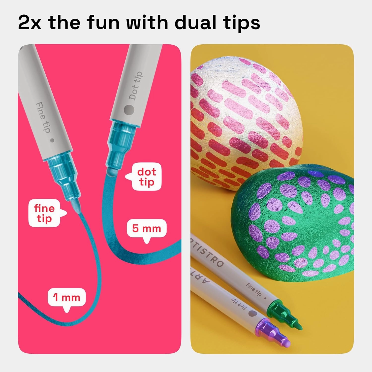 ARTISTRO 24 Metallic Dual-Tip Acrylic Paint Markers for Rock, Canvas, Glass, Wood, & More Fine   Dot Tips