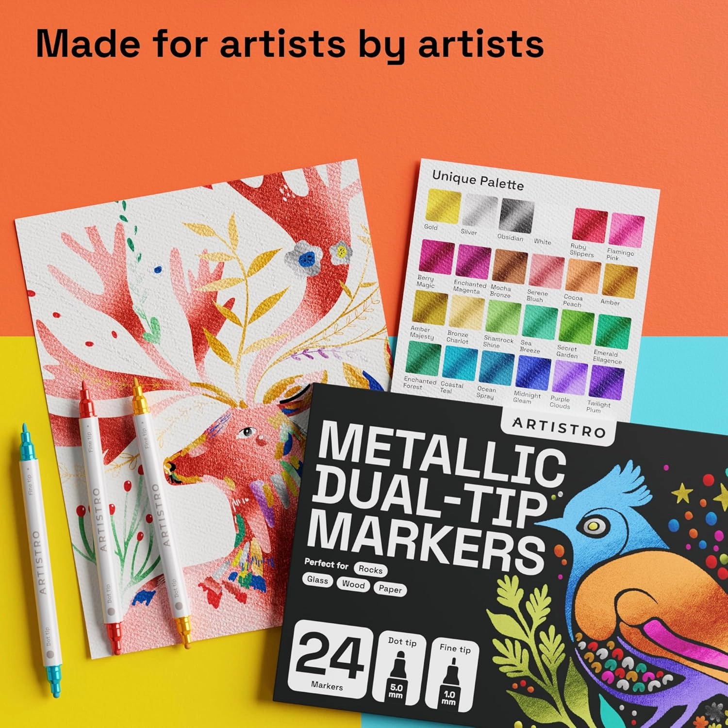 ARTISTRO 24 Metallic Dual-Tip Acrylic Paint Markers for Rock, Canvas, Glass, Wood, & More Fine   Dot Tips