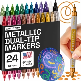 ARTISTRO 24 Metallic Dual-Tip Acrylic Paint Markers for Rock, Canvas, Glass, Wood, & More Fine   Dot Tips