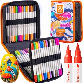 ARTISTRO Dual Tip Acrylic Paint Markers - Easy for All Ages & Levels Acrylic Paint Pens for Fabric, Rocks, Paper, Wood, Canvas, Glass, DIY (Dual Tip Brush   Fine, 60)