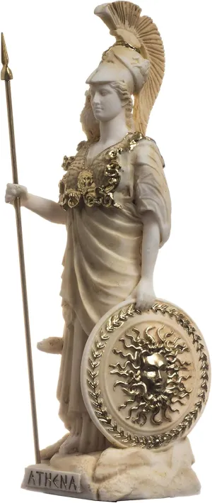 Athena with Owl Medusa Holding Shield Greek Goddess Alabaster Statue Gold 6.69"