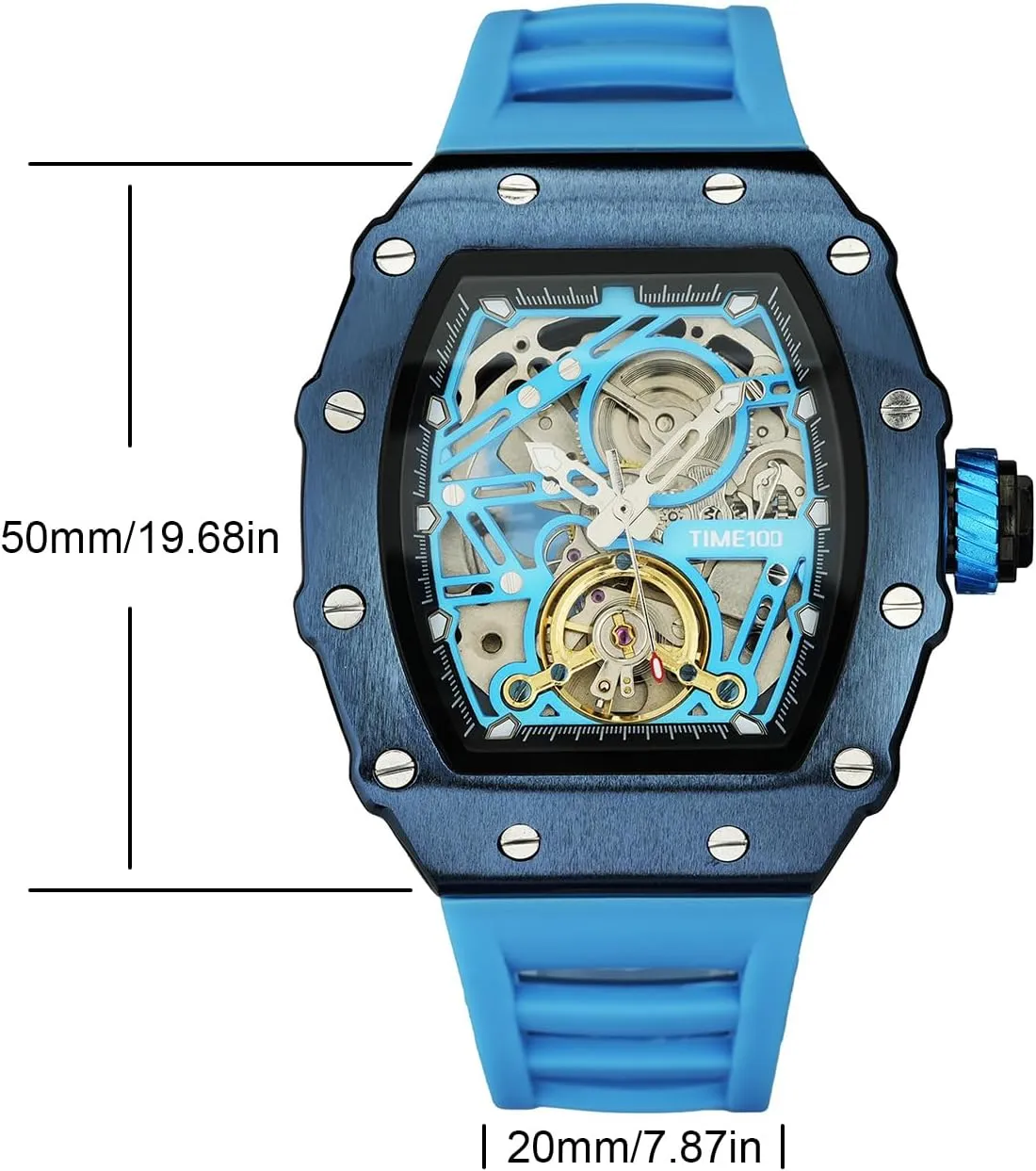 Automatic Mechanical Watches for Men Skeleton Square Big Face Wristwatch Adjustable Silicone Strap W60168G