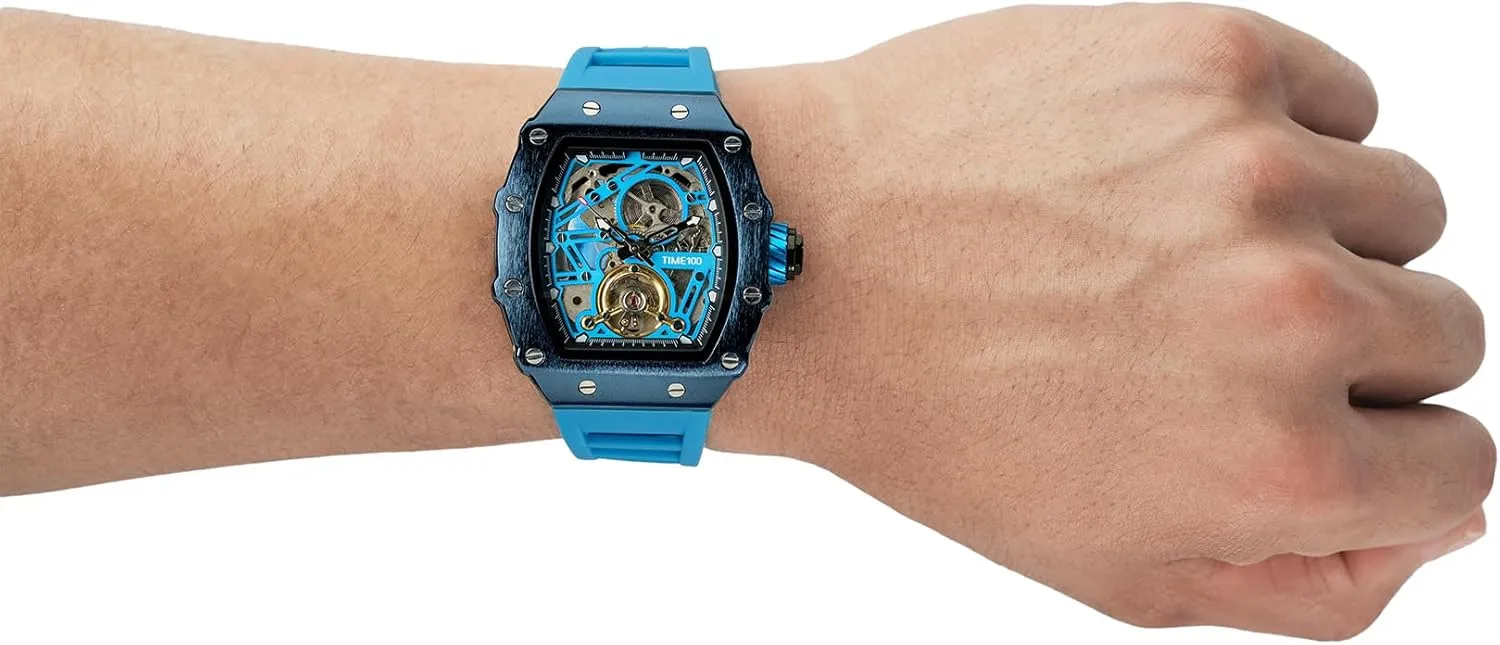 Automatic Mechanical Watches for Men Skeleton Square Big Face Wristwatch Adjustable Silicone Strap W60168G