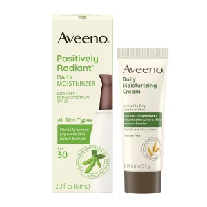 Aveeno Positively Radiant Hydrating Face Moisturizer with SPF 30 Sunscreen   Soy, Visibly Improve Skin Tone and Texture, 2.3 fl oz & Trial Size Daily Moisturizing Cream for Body, Face, & Hands, 0.8 oz