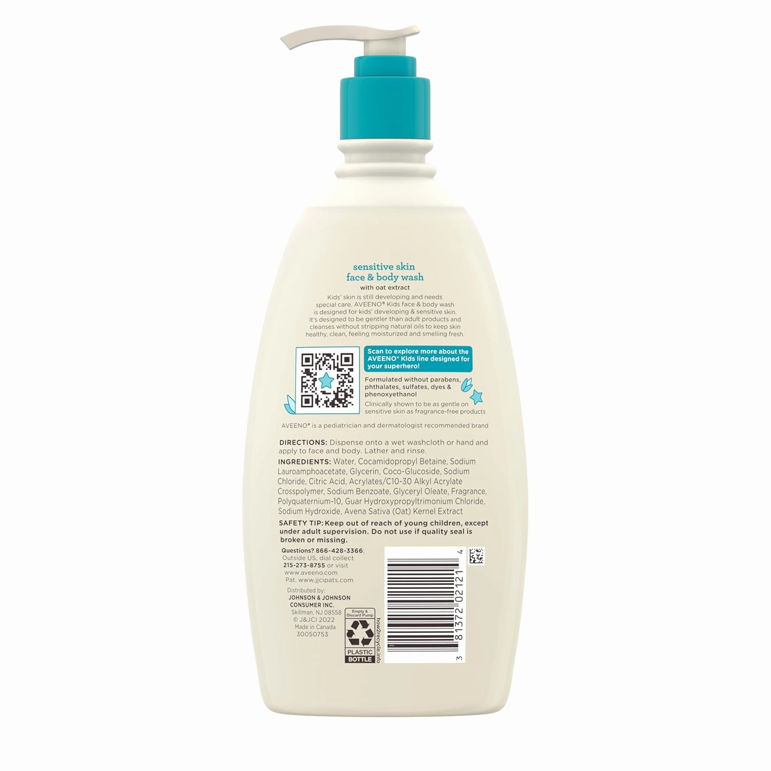 Aveeno Kids Sensitive Skin Face & Body Wash With Oat Extract, Gently Washes Away Dirt & Germs Without Drying, Tear-Free & Suitable for All Skin Tones, Hypoallergenic, 18 fl. oz
