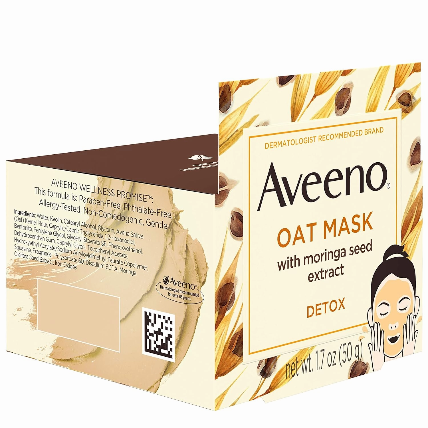 Aveeno Oat Face Mask with Detoxifying Moringa Seed Extract and Vitamin E Antioxidant, to Remove Skin Impurities, Paraben Free, Phthalate-Free, 1.7 oz