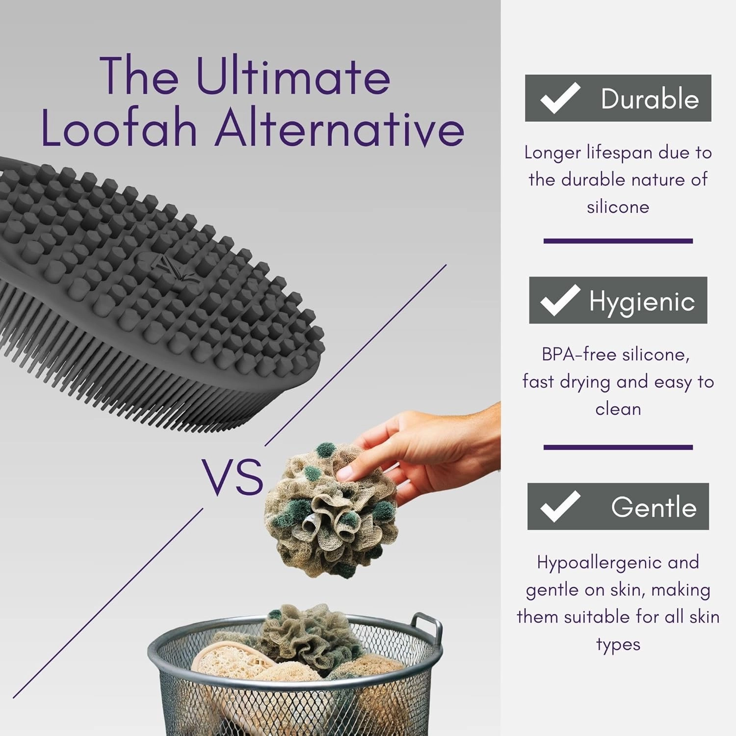 Avilana Body and Face Scrubber Combo – Includes Dual-Sided Body Scrubber and Gentle Face Scrubber – Hygienic, Long-Lasting, and Gentle for Body and Face (Dark Gray with Silver)
