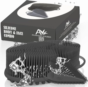 Avilana Body and Face Scrubber Combo – Includes Dual-Sided Body Scrubber and Gentle Face Scrubber – Hygienic, Long-Lasting, and Gentle for Body and Face (Dark Gray with Silver)