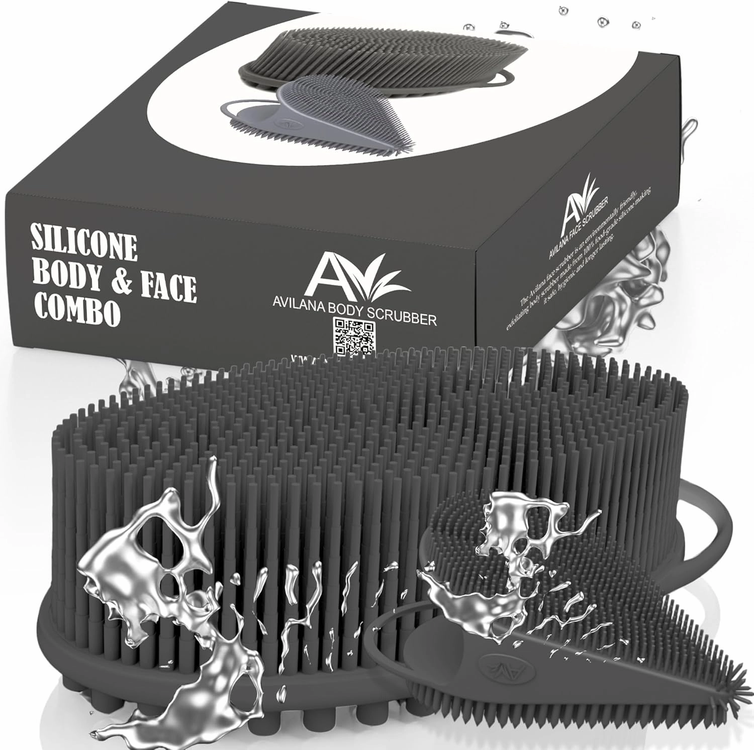 Avilana Body and Face Scrubber Combo – Includes Dual-Sided Body Scrubber and Gentle Face Scrubber – Hygienic, Long-Lasting, and Gentle for Body and Face (Dark Gray with Silver)