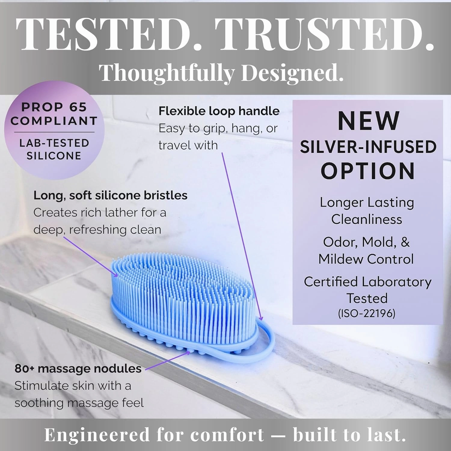 Avilana Silicone Body Scrubber – Gentle Shower Brush & Loofah Alternative – Silver-Infused Options – Fast-Drying, Hygienic, BPA-Free Silicone Body Exfoliator for Sensitive Skin, Men & Women