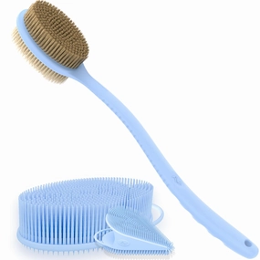 Avilana Style 2 Silicone Body Scrubber (Blue)   Long Handle Soft & Stiff Scrubber (Blue)   Gentle Face Scrubber (Blue) | Quick-Dry Shower Set for Full-Body Cleansing & Daily Skincare