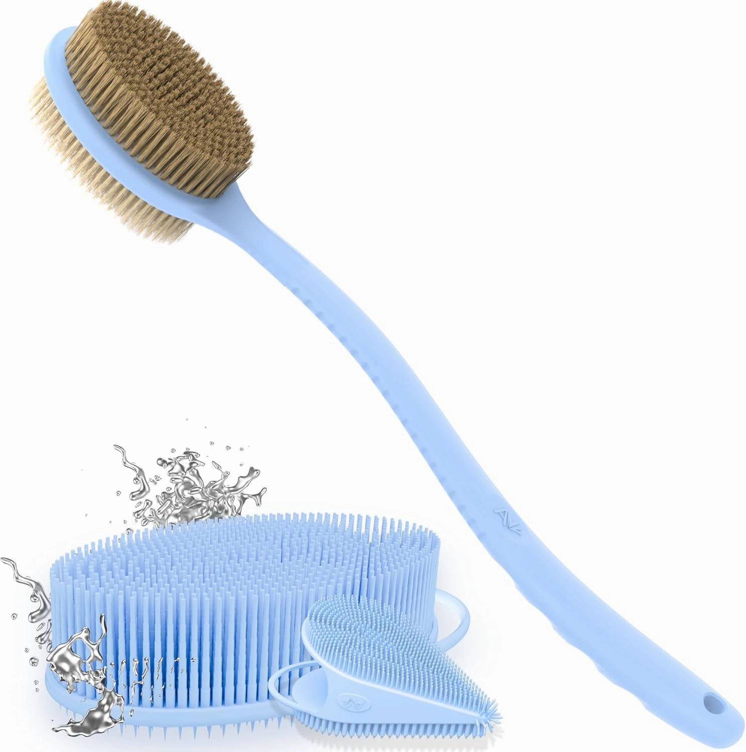 Avilana Style 2 Silver-Infused Body Scrubber (Blue)   Long Handle Soft & Stiff Scrubber (Blue)   Gentle Face Scrubber (Blue) | Quick-Dry Shower Set for Full-Body Exfoliation & Freshness