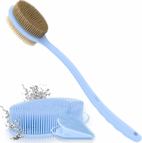 Avilana Style 2 Silver-Infused Body Scrubber (Blue)   Long Handle Soft & Stiff Scrubber (Blue)   Gentle Face Scrubber (Blue) | Quick-Dry Shower Set for Full-Body Exfoliation & Freshness
