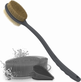 Avilana Style 2 Silver-Infused Body Scrubber (Gray)   Long Handle Soft & Stiff Scrubber (Gray)   Gentle Face Scrubber (Gray) | Quick-Dry Shower Set for Full-Body Cleansing & Odor Control