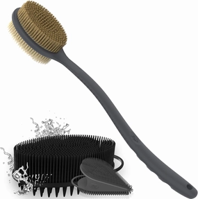 Avilana Style 3 Silver-Infused Body Scrubber (Black)   Long Handle Soft & Stiff Scrubber (Gray)   Gentle Face Scrubber (Gray) | Full-Body Shower Set with Odor Control & Quick-Dry Silicone