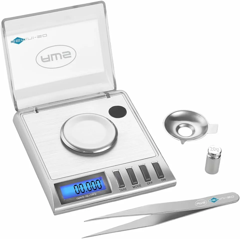 AWS Gemini-50 Milligram Scale 50g x 0.001g – Digital Jewelry/Lab Scale for Powder, Gold, Gems – Includes Calibration Weights, Tweezers & Tray – Tare, Cal, 6 Units, Pocket Size Mg Scale (Silver)