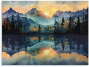 B BLINGBLING Mountain Lake Landscape Wall Art: Blue and Yellow Watercolor Abstract Mountain Sunset Canvas Picture Nature Poster Forest Painting Lake Pictures Wall Decor Large Framed 32x24 Inches