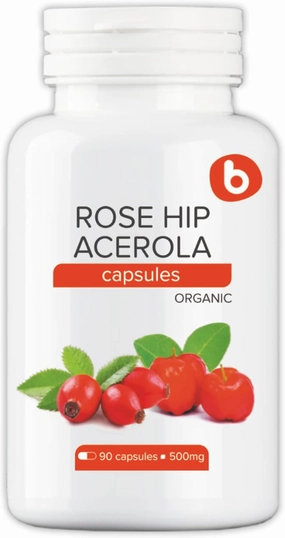 b Organic Rose HIPS Capsules & Acerola Vitamin C 1000mg - Plant Based Vitamin C Supplement Without Ascorbic Acid - Supports Overall Wellness - GMO-Free, Gluten-Free, 90 Vegan Capsules