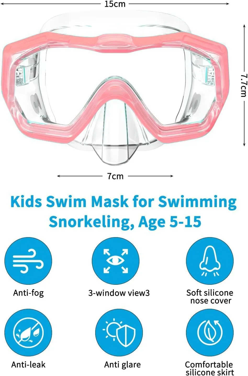 Bairuifu Kids Swim Goggles for Kids 4-16, Anti-Shattered Lens/Anti-Fog / 180° Panoramic View/Kids Swimming Goggles with Nose Cover
