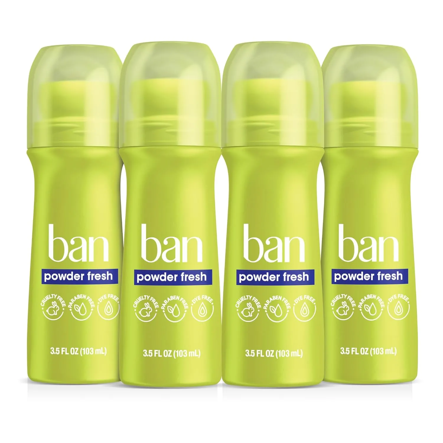 Ban Invisible Roll-on Antiperspirant Deodorant for Women and Men, 24-hour Underarm Odor & Sweat Protection, Powder Fresh, 3.5 Oz, Pack of 4