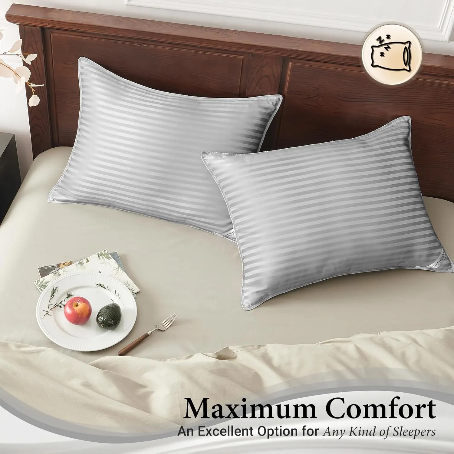 Basic Beyond Standard Size Down Alternative Pillows - Soft Pillows Set of 2 for Back, Stomach or Side Sleepers, Silver, 20x26 Inches