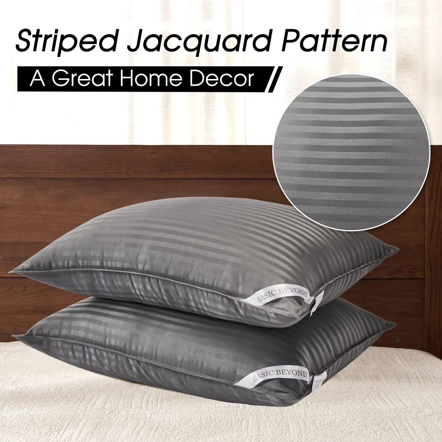 Basic Beyond Standard Size Pillows for Sleeping - Soft Down Alternative Pillows Luxury Hotel Collection Bed Pillows Set of 2, Grey, 20x26 Inches