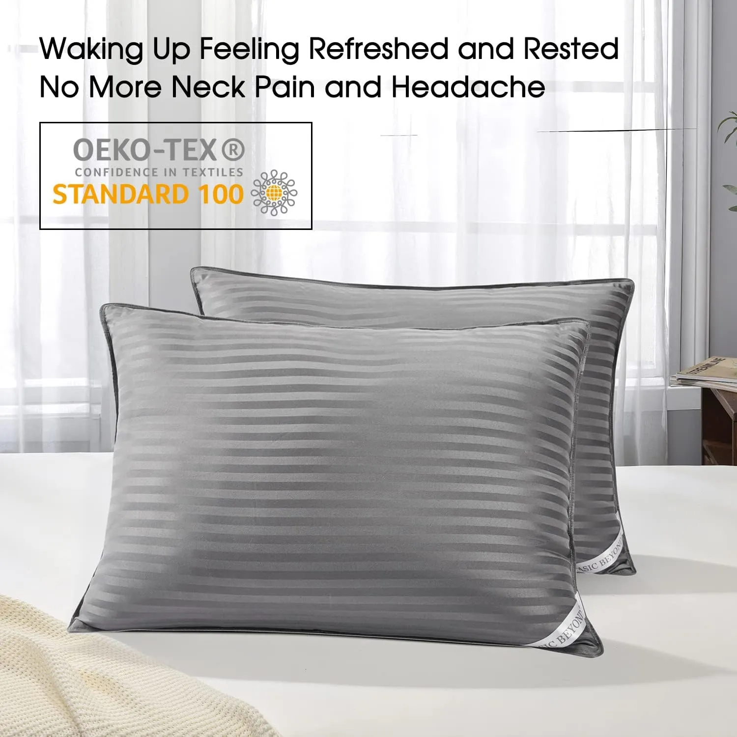 Basic Beyond Standard Size Pillows for Sleeping - Soft Down Alternative Pillows Luxury Hotel Collection Bed Pillows Set of 2, Grey, 20x26 Inches