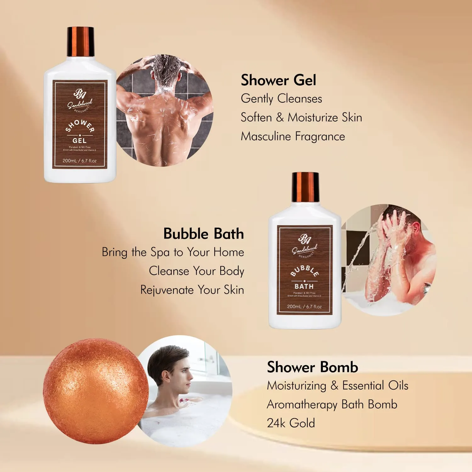 Bath Gift Set & Beard Kit with Leather Bag, 21pcs Sandalwood Bergamot Home Spa Kit, Relaxing Men's Body Wash Gift Basket & More for Christmas, Birthday, Father's Day Gift, Dad, Boyfirend, Husband
